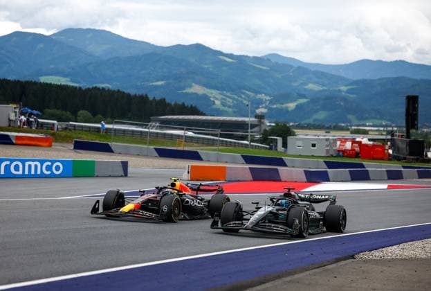 11 Sergio Perez (MEX, Oracle Red Bull Racing), 63 George Russell (GBR, Mercedes-AMG Petronas F1 Team), F1 Grand Prix of Austria at Red Bull Ring on July 2, 2023 in Spielberg, Austria. (Photo by HOCH ZWEI) Spielberg Austria