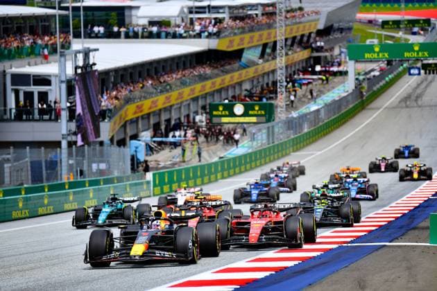 July 2, 2023, Spielberg, Mezzolombardo, Austria: Dutch driver Max Verstappen (Oracle Red Bull Racing) leads the start of the F1 Austrian Grand Prix at the Red Bull Ring Circuit in Spielberg, Austria. Spielberg Austria - ZUMAf150 20230702_zsp_f150_015 Copyright: xDaisyxFacinellix