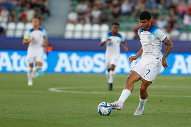 UEFA U21, U 21 EM, England - Portugal, Viertelfinale, 02.07.2023, Kutaissi Morgan GIBBS-WHITE ( 6, England)), UEFA U21-Fussball-Europameisterschaft in Rumaenien und Georgien, England - Portugal, Viertelfinale, 02.07.2023, Ramas-Schengelia-Stadion, Kutaissi Copyright: xBEAUTIFULxSPORTS Meuselx