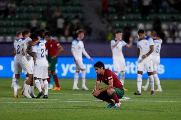 UEFA U21, U 21 EM, England - Portugal, Viertelfinale, 02.07.2023, Kutaissi Grosse Enttäuschung bei den Portugiesen nach dem Ausscheiden im Viertelfinale, UEFA U21-Fussball-Europameisterschaft in Rumaenien und Georgien, England - Portugal, Viertelfinale, 02.07.2023, Ramas-Schengelia-Stadion, Kutaissi Copyright: xBEAUTIFULxSPORTS Meuselx