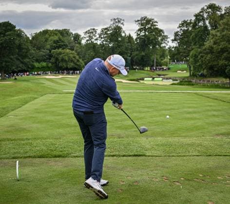 2nd July 2023; The Belfry, Sutton Coldfield, West Midlands, England: Betfred British Masters Golf, Day 4; James Morrison hits a drive on the 10th hole  ActionPlus12526613 GodfreyxPitt