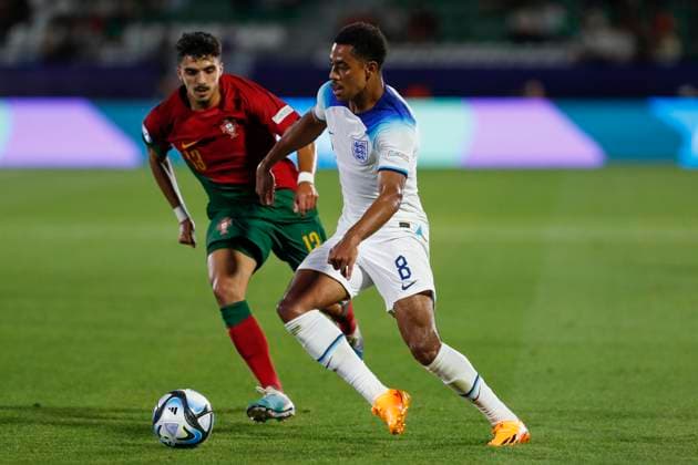 UEFA U21, U 21 EM, England - Portugal, Viertelfinale, 02.07.2023, Kutaissi Jacob RAMSEY ( 8, England), Jose CARLOS ( 13, Portugal), UEFA U21-Fussball-Europameisterschaft in Rumaenien und Georgien, England - Portugal, Viertelfinale, 02.07.2023, Ramas-Schengelia-Stadion, Kutaissi Copyright: xBEAUTIFULxSPORTS Meuselx