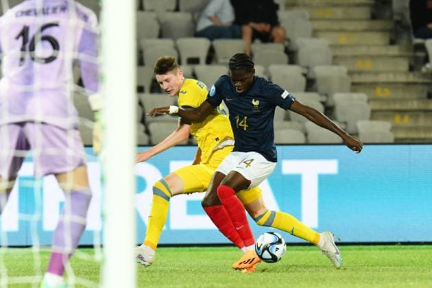 UEFA European Under-21 Championship Qualifying, Quarter Final: France U21, U 21 vs Ukraine U21 Artem Bondarenko and Castello Lukeba in action during UEFA European Under-21 Championship Qualifying, Quarter Final: France U21 vs Ukraine U21, disputed on Cluj Arena Stadium, 02 July 2023 Cluj-Napoca Cluj Arena Romania Copyright: xAncaxTepeix