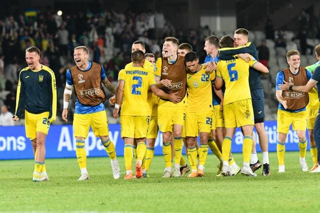UEFA European Under-21 Championship Qualifying, Quarter Final: France U21, U 21 vs Ukraine U21 Players of Ukraine celebrating after the qualified for semi-finals during UEFA European Under-21 Championship Qualifying, Quarter Final: France U21 vs Ukraine U21, disputed on Cluj Arena Stadium, 02 July 2023 Cluj-Napoca Cluj Arena Romania Copyright: xAncaxTepeix