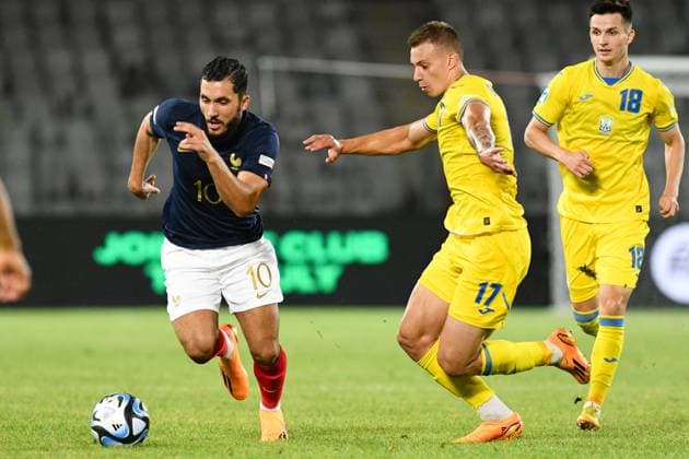 UEFA European Under-21 Championship Qualifying, Quarter Final: France U21, U 21 vs Ukraine U21 Rayan Cherki and Volodymyr Brazhko in action during UEFA European Under-21 Championship Qualifying, Quarter Final: France U21 vs Ukraine U21, disputed on Cluj Arena Stadium, 02 July 2023 Cluj-Napoca Cluj Arena Romania Copyright: xAncaxTepeix