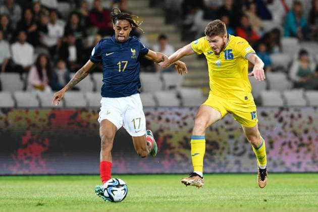 UEFA European Under-21 Championship Qualifying, Quarter Final: France U21, U 21 vs Ukraine U21 Bradley Barcola (L) and Maksym Bragaru (R) in action during UEFA European Under-21 Championship Qualifying, Quarter Final: France U21 vs Ukraine U21, disputed on Cluj Arena Stadium, 02 July 2023 Cluj-Napoca Cluj Arena Romania Copyright: xAncaxTepeix