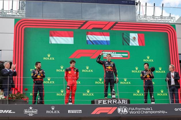 Formula 1 Championship - FORMULA 1 ROLEX GROSSER PREIS VON ÖSTERREICH 2023 - Race e PressConference podium celebration from left to right Charles Leclerc (MON) Ferrari F1-23 Max Verstappen (NED) Redbull Racing RB19 Sergio Perez (MEX) Redbull Racing RB19 during FORMULA 1 ROLEX GROSSER PREIS VON ÖSTERREICH 2023 - Race e PressConference, Formula 1 Championship in Spielberg, Austria, July 02 2023 Spielberg Red Bull Ring Circuit Austria Copyright: xAlessioxDexMarcox xLiveMediax LPS_988779