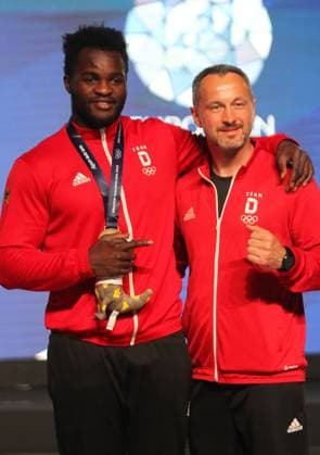 Sport Themen der Woche KW26 Sport Bilder des Tages 02.07.2023 Nowy Targ (Poland) 3rd Europaspiele Krakow men s boxing +92 kg Nelvie Raman Tiafack (L) Germany bronze medal,Lukas Wilaschek (R) Germany coach : and