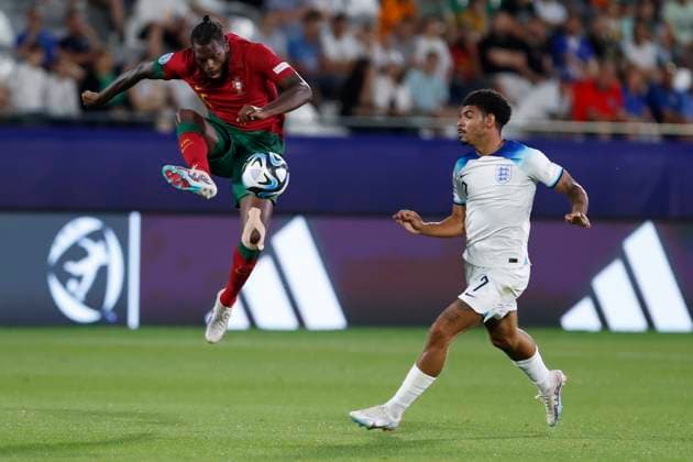 UEFA U21, U 21 EM, England - Portugal, Viertelfinale, 02.07.2023, Kutaissi Nuno TAVARES ( 5, Portugal), Curtis JONES ( 17, England), UEFA U21-Fussball-Europameisterschaft in Rumaenien und Georgien, England - Portugal, Viertelfinale, 02.07.2023, Ramas-Schengelia-Stadion, Kutaissi Copyright: xBEAUTIFULxSPORTS Meuselx