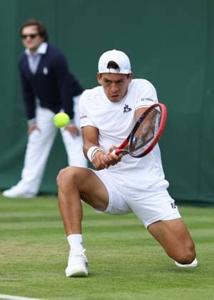 Wimbledon: Day One 3 July 2023, Wimbledon - Wimbledon Tennis Championships - Day One - Sebastian Baez (ARG) in action during his Gentlemen s Singles 1st Round match against Tomas Barrios Vera (CHL) - Photo: Charlotte Wilson Offside . Wimbledon UK Copyright: xCharlottexWilsonx xOffsidexOffside