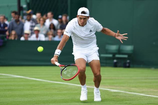 Wimbledon: Day One 3 July 2023, Wimbledon - Wimbledon Tennis Championships - Day One - Sebastian Baez (ARG) in action during his Gentlemen s Singles 1st Round match against Tomas Barrios Vera (CHL) - Photo: Charlotte Wilson Offside . Wimbledon UK Copyright: xCharlottexWilsonx xOffsidexOffside