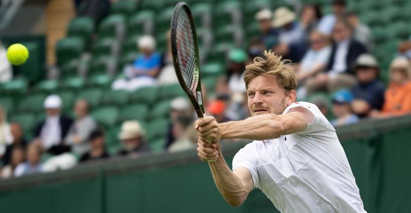 Belgian David Goffin pictured in action during the match between Belgian Goffin and lucky loser Hungarian Marozsan, in the men s Singles First Round, at the 2023 Wimbledon grand slam tennis tournament at the All England Tennis Club, in south-west London, Britain, Monday 03 July 2023. BENOITxDOPPAGNE  x69978517x