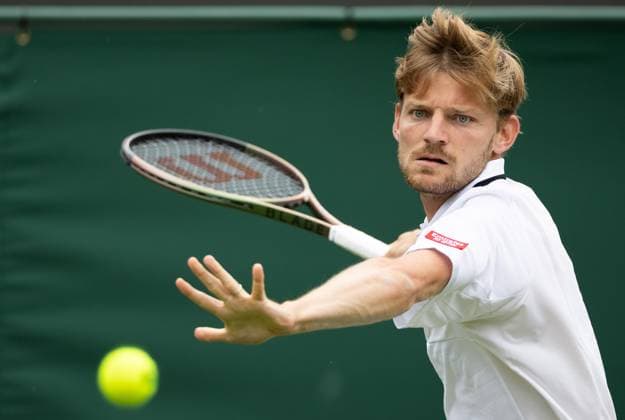 Belgian David Goffin pictured in action during the match between Belgian Goffin and lucky loser Hungarian Marozsan, in the men s Singles First Round, at the 2023 Wimbledon grand slam tennis tournament at the All England Tennis Club, in south-west London, Britain, Monday 03 July 2023. BENOITxDOPPAGNE  x69978771x