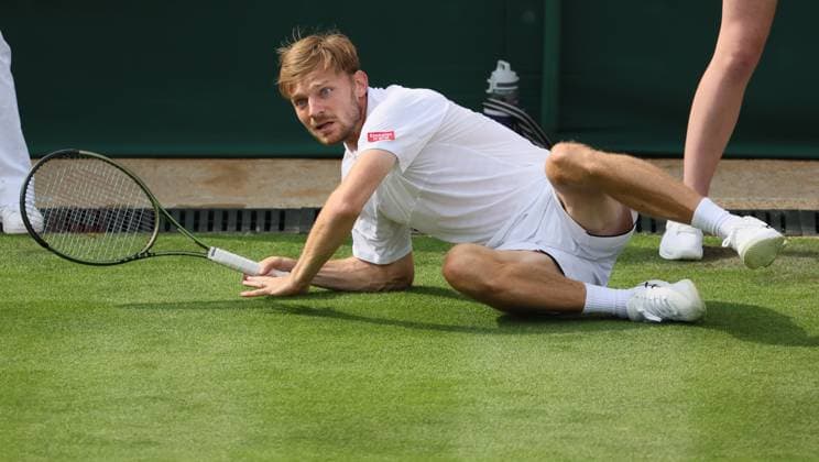 Sport Bilder des Tages Belgian David Goffin pictured during the match between Belgian Goffin and lucky loser Hungarian Marozsan, in the men s Singles First Round, at the 2023 Wimbledon grand slam tennis tournament at the All England Tennis Club, in south-west London, Britain, Monday 03 July 2023. BENOITxDOPPAGNE  x69989521x
