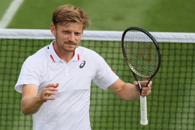 Belgian David Goffin celebrates after winning the match between Belgian Goffin and lucky loser Hungarian Marozsan, in the men s Singles First Round, at the 2023 Wimbledon grand slam tennis tournament at the All England Tennis Club, in south-west London, Britain, Monday 03 July 2023. BENOITxDOPPAGNE  x69990203x