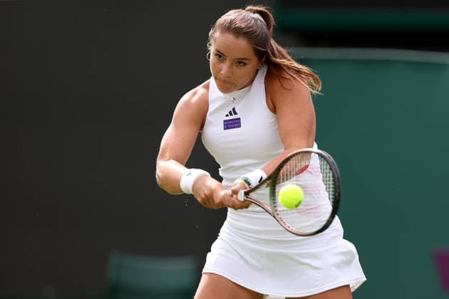 3rd July 2023; All England Lawn Tennis and Croquet Club, London, England: Wimbledon Tennis Tournament; Jodie Burrage plays a backhand shot to Caty McNally , in her womens singles match  ActionPlus12526789 ShaunxBrooks