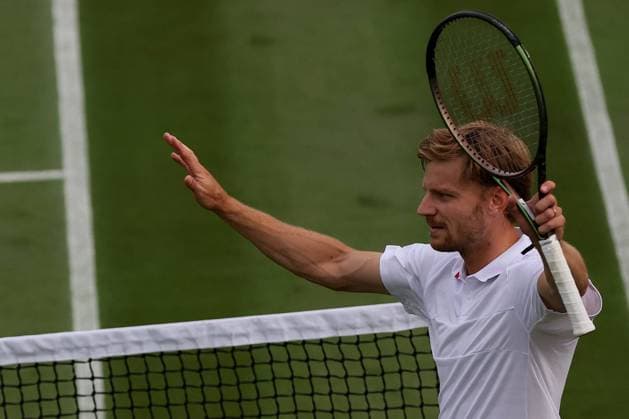 Great Britain, London, All England Lawn Tennis Club, The Championships Wimbledon 2023 - DAY 1- 3 07 2023 David Goffin from Belgium reacts after he won his first round match in London , All England Lawn Tennis Club at The Championships Wimbledon 2023 The Championships Wimbledon 2023- DAY 1- 03 07 2023 PhotoNews Panoramic 