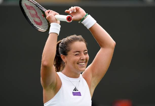 Mandatory Credit: Photo by Dave Shopland Shutterstock (13992815bn) Jodie Burrage celebrates victory in her first round match Wimbledon Tennis Championships, Day 1, The All England Lawn Tennis and Croquet Club, London, UK - 03 Jul 2023 Wimbledon Tennis Championships, Day 1, The All England Lawn Tennis and Croquet Club, London, UK - 03 Jul 2023  Copyright: xDavexShopland Shutterstockx 13992815bn