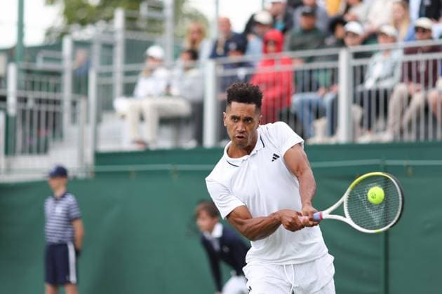 Wimbledon: Day One 3 July 2023, Wimbledon - Wimbledon Tennis Championships - Day One - Michael Mmoh (USA) in action during his Gentlemen s Singles 1st Round match against Felix Auger-Aliassime (CAN) - Photo: Charlotte Wilson Offside . Wimbledon UK Copyright: xCharlottexWilsonx xOffsidexOffside