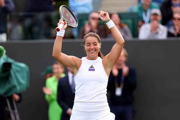 3rd July 2023; All England Lawn Tennis and Croquet Club, London, England: Wimbledon Tennis Tournament; Jodie Burrage celebrates as she wins the match against Caty McNally in her womens singles match  ActionPlus12526797 ShaunxBrooks