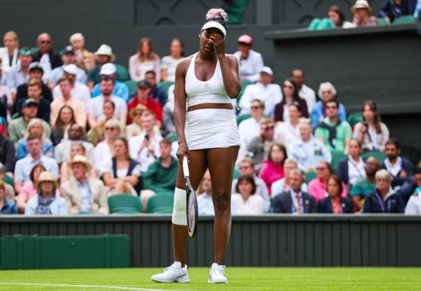 Mandatory Credit: Photo by Ella Ling Shutterstock (13992814dk) Venus Williams looks dejected on Centre Court Wimbledon Tennis Championships, Day 1, The All England Lawn Tennis and Croquet Club, London, UK - 03 Jul 2023 Wimbledon Tennis Championships, Day 1, The All England Lawn Tennis and Croquet Club, London, UK - 03 Jul 2023  Copyright: xEllaxLing Shutterstockx 13992814dk