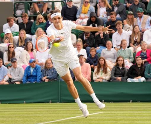 Tennis - 2023 Wimbledon Championships - Week One - Day One - All England Lawn Tennis & Croquet Club, Wimbledon - Monday 3rd July 2023 Yannick Hanfmann (GER) v Taylor Fritz (USA) Taylor Fritz (USA) 
