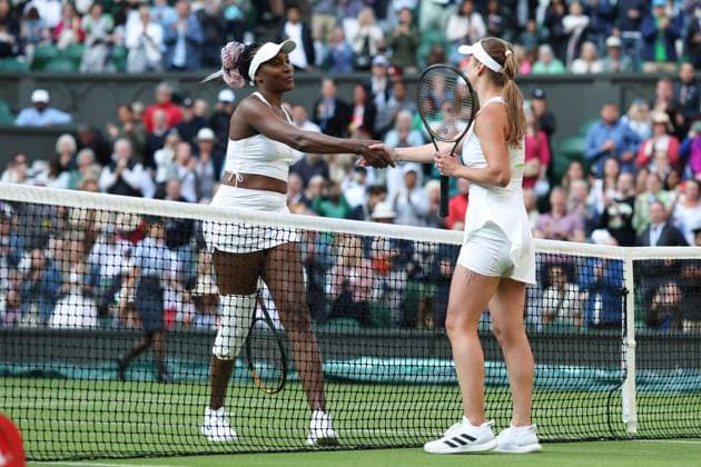 Wimbledon: Day One 3 July 2023, Wimbledon - Wimbledon Tennis Championships - Day One - Venus Williams (USA) shakes hands with Elina Svitolina (UKR) after losing her Women s Singles 1st Round match - Photo: Charlotte Wilson Offside . Wimbledon UK Copyright: xCharlottexWilsonx xOffsidexOffside