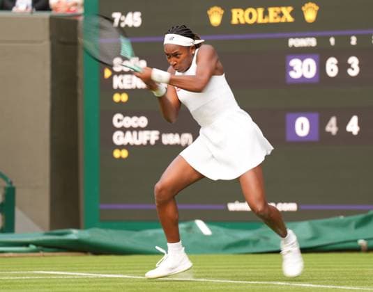 Tennis - 2023 Wimbledon Championships - Week One - Day One - All England Lawn Tennis & Croquet Club, Wimbledon - Monday 3rd July 2023 Sofia Kenin (USA) v Coco Gauff (USA) Coco Gauff (USA) 