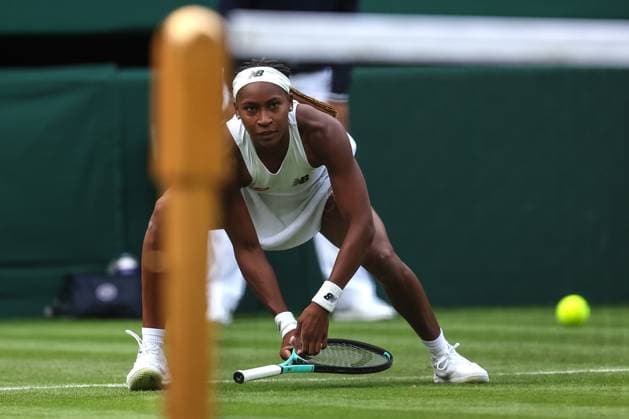 Wimbledon: Day One 3 July 2023, Wimbledon - Wimbledon Tennis Championships - Day One - Coco Gauff (USA) drops her racquet during her Women™ Singles match with Sofia Kenin (USA) - Photo: Charlotte Wilson Offside . Wimbledon UK Copyright: xCharlottexWilsonx xOffsidexOffside
