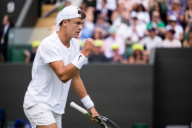 230704 Holger Rune of Denmark competes in a first round singles tennis match on July 4, 2023 in London. Photo: Jesper Zerman BILDBYRAN COP 234 JZ0390 tennis wimbledon day 2 bbeng jubel Copyright: JESPERxZERMAN BB230704JZ006