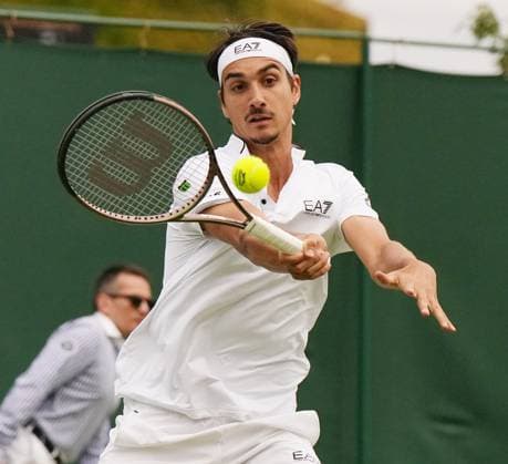 Tennis - 2023 Wimbledon Championships - Week One - Day Two - All England Lawn Tennis & Croquet Club, Wimbledon - Tuesday 4th July 2023 Matteo Berrettini (ITA) v Lorenzo Sonego (ITA) Lorenzo Sonego (ITA) 