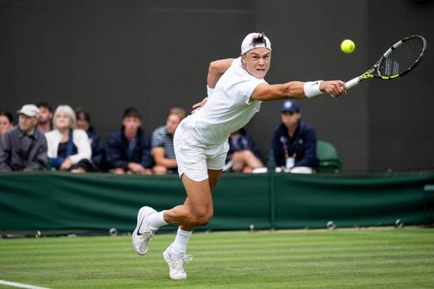 230704 Holger Rune of Denmark competes in a first round singles tennis match on July 4, 2023 in London. Photo: Jesper Zerman BILDBYRAN COP 234 JZ0390 tennis wimbledon day 2 bbeng Copyright: JESPERxZERMAN BB230704JZ021