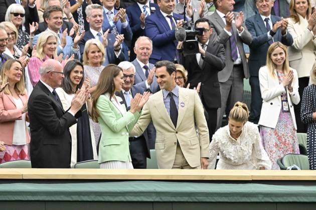 Tennis : Wimbledon 2023 - Angleterre - Hmmage a Roger Federer dans la Royal Box - en presence de Kate Tennis : Wimbledon 2023 - Angleterre- 04 07 23 ChrysleneCaillaud Panoramic  