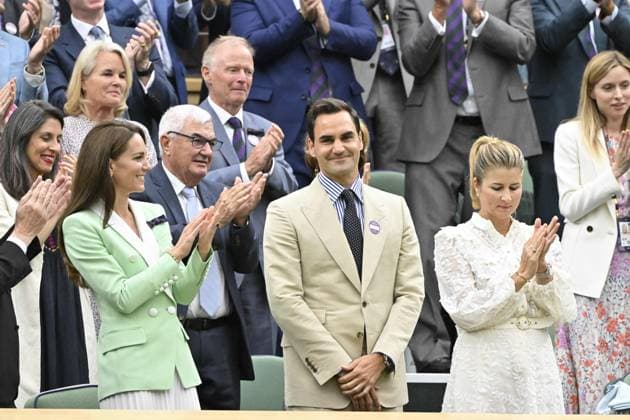 Tennis : Wimbledon 2023 - Angleterre - Hmmage a Roger Federer dans la Royal Box - en presence de Kate Tennis : Wimbledon 2023 - Angleterre- 04 07 23 ChrysleneCaillaud Panoramic  