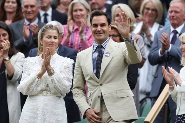 Wimbledon: Day Two 4 July 2023, Wimbledon - Wimbledon Tennis Championships - Day Two - Roger Federer (right) and his wife Mirka Federer - Photo: Charlotte Wilson Offside . Wimbledon UK Copyright: xCharlottexWilsonx xOffsidexOffside