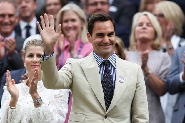 Wimbledon: Day Two 4 July 2023, Wimbledon - Wimbledon Tennis Championships - Day Two - Roger Federer (right) and his wife Mirka Federer - Photo: Charlotte Wilson Offside . Wimbledon UK Copyright: xCharlottexWilsonx xOffsidexOffside