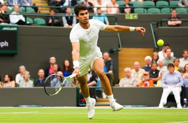 Mandatory Credit: Photo by Ella Ling Shutterstock (13995851x) Carlos Alcaraz Wimbledon Tennis Championships, Day 2, The All England Lawn Tennis and Croquet Club, London, UK - 04 Jul 2023 Wimbledon Tennis Championships, Day 2, The All England Lawn Tennis and Croquet Club, London, UK - 04 Jul 2023  Copyright: xEllaxLing Shutterstockx 13995851x