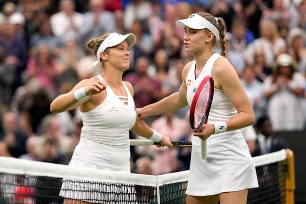 Mandatory Credit: Photo by Dave Shopland Shutterstock (13995876cs) Elena Rybakina celebrates victory in her first round match against Shelby Rogers Wimbledon Tennis Championships, Day 2, The All England Lawn Tennis and Croquet Club, London, UK - 04 Jul 2023 Wimbledon Tennis Championships, Day 2, The All England Lawn Tennis and Croquet Club, London, UK - 04 Jul 2023  Copyright: xDavexShopland Shutterstockx 13995876cs