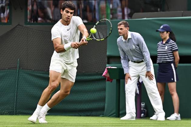 Carlos Alcaraz, ESP, during first round of 2023 All England Lawn Tennis Championships at Wimbledon, gentlemens singles, London, 04 07 2023; -