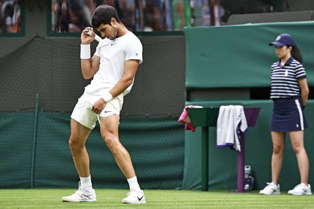 Carlos Alcaraz, ESP, during first round of 2023 All England Lawn Tennis Championships at Wimbledon, gentlemens singles, London, 04 07 2023; -