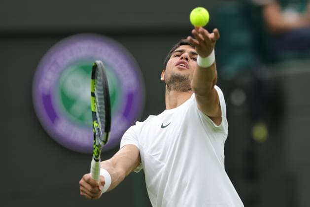 Carlos Alcaraz, ESP, during first round of 2023 All England Lawn Tennis Championships at Wimbledon, gentlemens singles, London, 04 07 2023; -