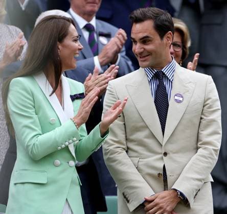 (230704) -- LONDON, July 4, 2023 -- Roger Federer (R) talks to Britain s Catherine, Princess of Wales, at Centre Court ahead of play on Day 2 of Wimbledon Tennis Championships in London, Britain, July 4, 2023. ) (SP)BRITAIN-LONDON-TENNIS-WIMBLEDON-ROGER FEDERER LixYing 