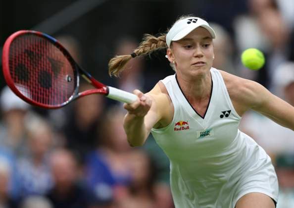 (230704) -- LONDON, July 4, 2023 -- Elena Rybakina hits a return during the women s singles first round match between Shelby Rogers of the United States and Elena Rybakina of Kazakhstan at Wimbledon Tennis Championships in London, Britain, July 4, 2023. ) (SP)BRITAIN-LONDON-TENNIS-WIMBLEDON-DAY 2 HanxYan 