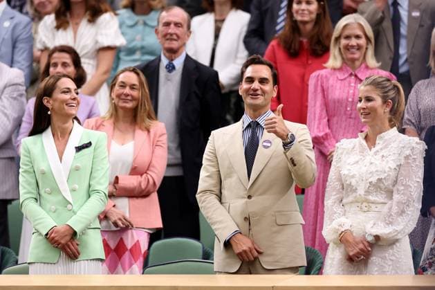 4th July 2023; All England Lawn Tennis and Croquet Club, London, England: Wimbledon Tennis Tournament; Rodger Federer gives Andy Murray a thumbs up after his win against Ryan Peniston and HRH the Princess of Wales Kate Middleton and wife Mirka laughing  ActionPlus12527055 ShaunxBrooks