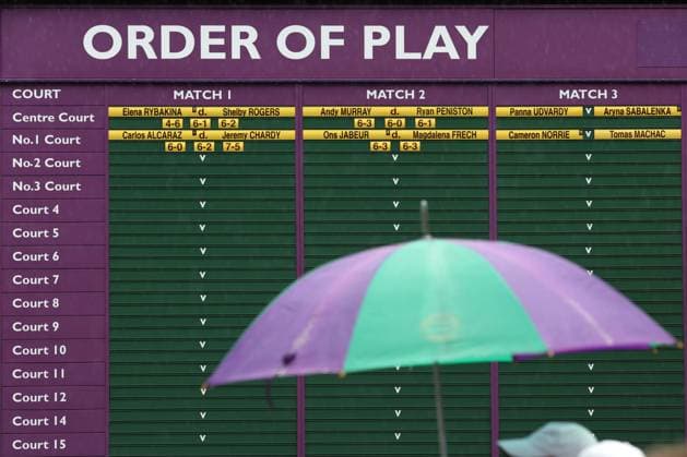 Wimbledon: Day Two 4 July 2023, Wimbledon - Wimbledon Tennis Championships - Day Two - A spectator walks around with an umbrella in front of the order of play board - Photo: Charlotte Wilson Offside . Wimbledon UK Copyright: xCharlottexWilsonx xOffsidexOffside
