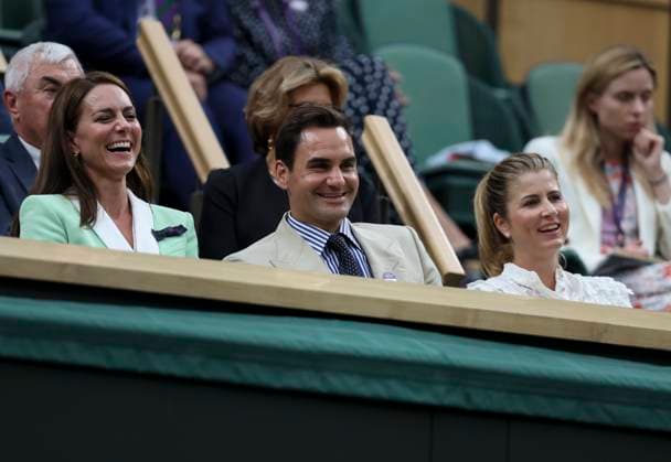 (230705) -- LONDON, July 5, 2023 -- Roger Federer (C) and his wife Mirka Federer (R, front), Britain s Catherine (front L), Princess of Wales watch the men s singles first round match between Andy Murray and Ryan Peniston of Britain at Wimbledon tennis Championship in London, Britain, on July 4, 2023. ) (SP)BRITAIN-LONDON-TENNIS-WIMBLEDON-DAY 2 HanxYan 