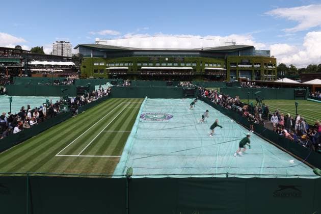 Wimbledon: Day Three 5 July 2023, Wimbledon - Wimbledon Tennis Championships - Day Three - a cover is removed from an outer court - Photo: Charlotte Wilson Offside . Wimbledon UK Copyright: xCharlottexWilsonx xOffsidexOffside