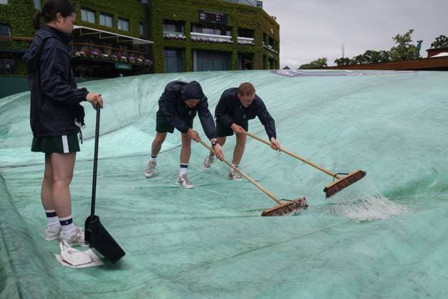 Wimbledon: Day Three 5 July 2023, Wimbledon - Wimbledon Tennis Championships - Day Three - rain water is swept off covers on the outer courts - Photo: Charlotte Wilson Offside . Wimbledon UK Copyright: xCharlottexWilsonx xOffsidexOffside