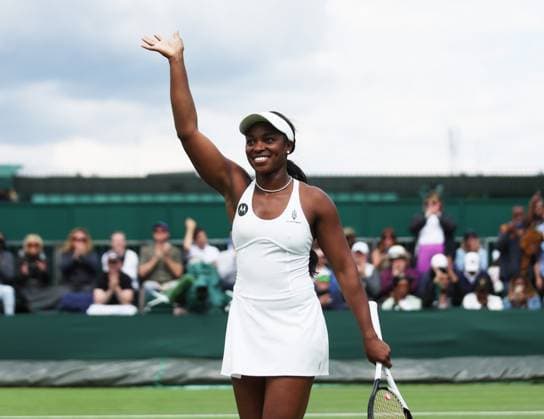 American Sloane Stephens celebrates in her first round match against Sweden s Rebecca Peterson on day three of the 2023 Wimbledon championships in London on Wednesday, July 05, 2023.  LON2023070519 HUGOxPHILPOTT