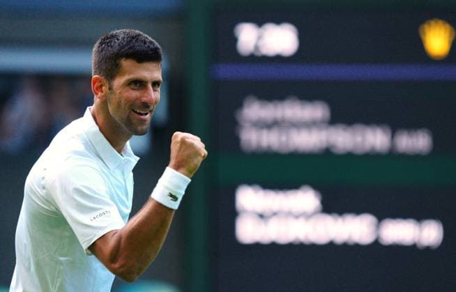 Mandatory Credit: Photo by Javier Garcia Shutterstock (13995913fz) Novak Djokovic celebrates victory in his second round match Wimbledon Tennis Championships, Day 3, The All England Lawn Tennis and Croquet Club, London, UK - 05 Jul 2023 Wimbledon Tennis Championships, Day 3, The All England Lawn Tennis and Croquet Club, London, UK - 05 Jul 2023  Copyright: xJavierxGarcia Shutterstockx 13995913fz